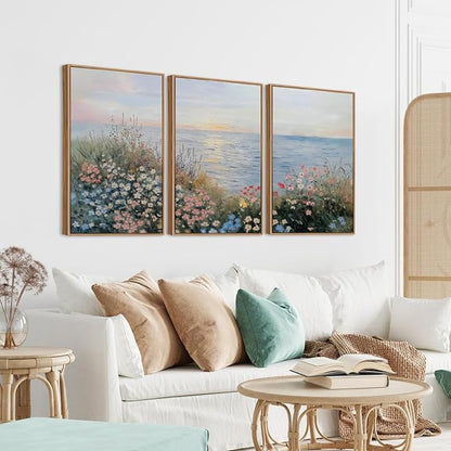 CHDITB Coastal Wildflowers Framed Canvas Wall Art Set, Coastal Floral Nursery Wall Decor, Seaside Sunset Artwork Spiritual Painting, Vintage Beach Art Prints For Living Room, Bedroom, Office 24"x36”x3