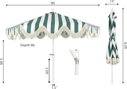 JONATHAN Y UMB1001 Collins 9 ft. Classic Cottage Tassel Market Patio Umbrella with Auto-Tilt, Crank, Wind Vent and UV Protection