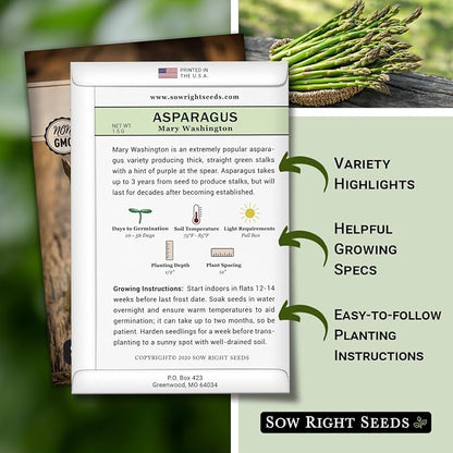 Sow Right Seeds - Mary Washington Asparagus Seed for Planting - Non-GMO Heirloom Packet with Instructions to Plant an Outdoor Home Vegetable Garden - Classic Perennial Stalks with Hearty Flavor (3)
