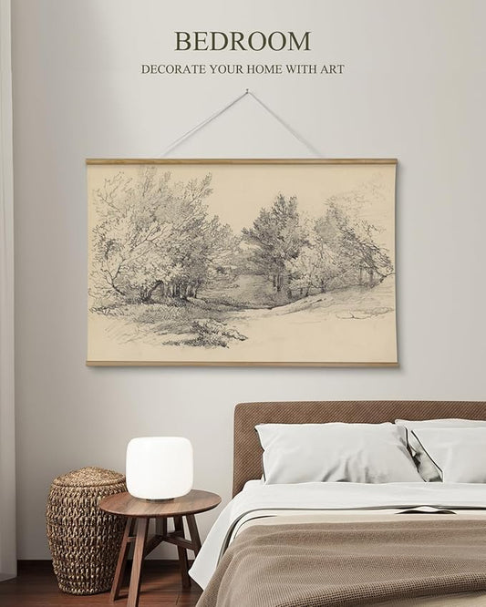 ARPEOTCY Extra Large Vintage Framed Wall Art, 36x54 Inch Sketch Forest Landscape Hanging Canvas Prints, Scroll Wall Decor for Living Room Bedroom, Retro Scenery Pictures Above of Bed