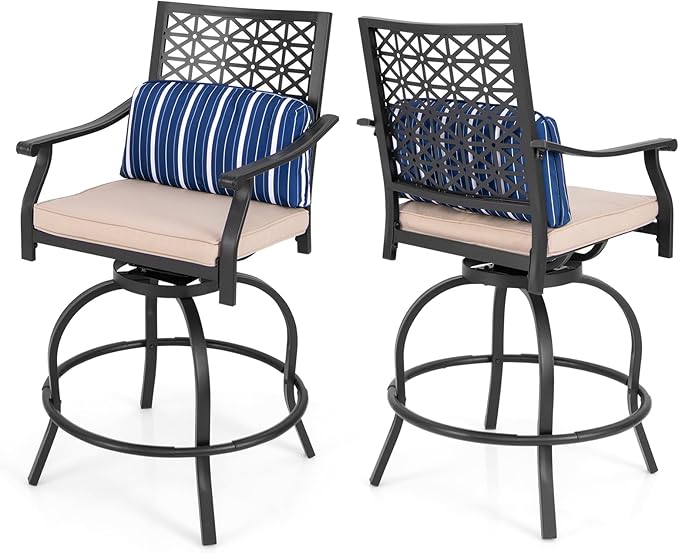 COSTWAY Outdoor Bar Chair Set of 2, 24.5 Inch Swivel Counter Height Bar Stools with Footrest, Seat Cushions & Lumbar Pillows, Metal Dining Bar Chairs for Patio, Backyard, Poolside (2)