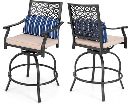 COSTWAY Outdoor Bar Chair Set of 2, 24.5 Inch Swivel Counter Height Bar Stools with Footrest, Seat Cushions & Lumbar Pillows, Metal Dining Bar Chairs for Patio, Backyard, Poolside (2)