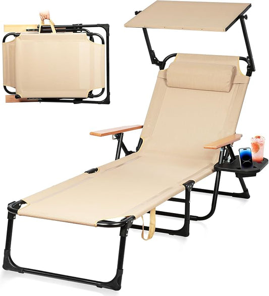 Beach Lounge Chairs with Armrests, 4-Position Folding Lounge Chairs for Outside, Sunbathing Portable Lounge Chaise, Tanning Chair Pillow & Cup Holder, for Outside Beach Pool (Beige.)