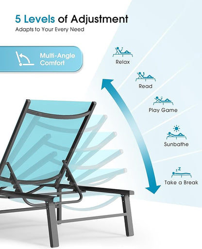 Ciokea Foldable Outdoor Lounge Chair Set of 4, No Assembly Aluminum Chaise Lounge Outdoor with 5-Positions, Aluminum Pool Lounge Chairs with Portable Design for Pool, Deck, Beach, Patio (Lake Blue)