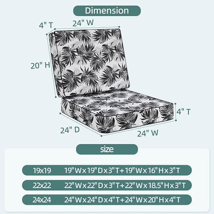 Favoyard Deep Seat Patio Cushion 24 x 24 x 4 in Waterproof Seat & Back Cushion Set with Color Fade Resisitant Pattern, Portable Handle, Attach Straps, Zipper on Removable Cover for Outdoor Furniture