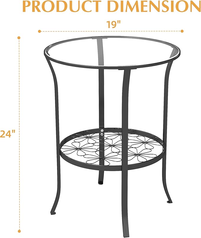 DDK 2-Tier Round Metal Side Table with Glass Top, Outdoor End Table for Patio or Balcony