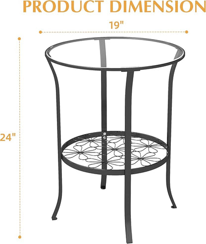 DDK 2-Tier Round Metal Side Table with Glass Top, Outdoor End Table for Patio or Balcony