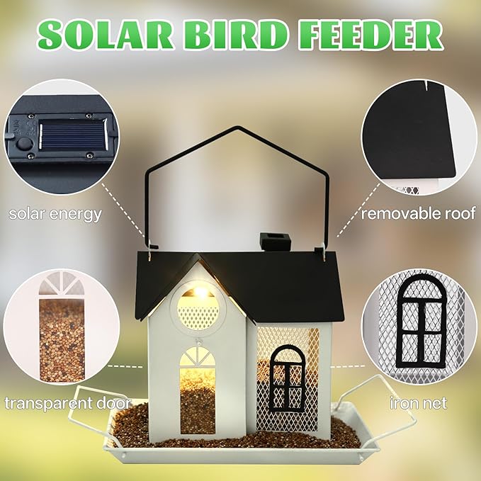 Solar Bird Feeder for Outdoors – White Metal Hanging Bird Feeder with Solar Light, Decorative Bird House Feeder for Cardinals, Finches, and Wild Birds, Weatherproof Backyard Garden Decor