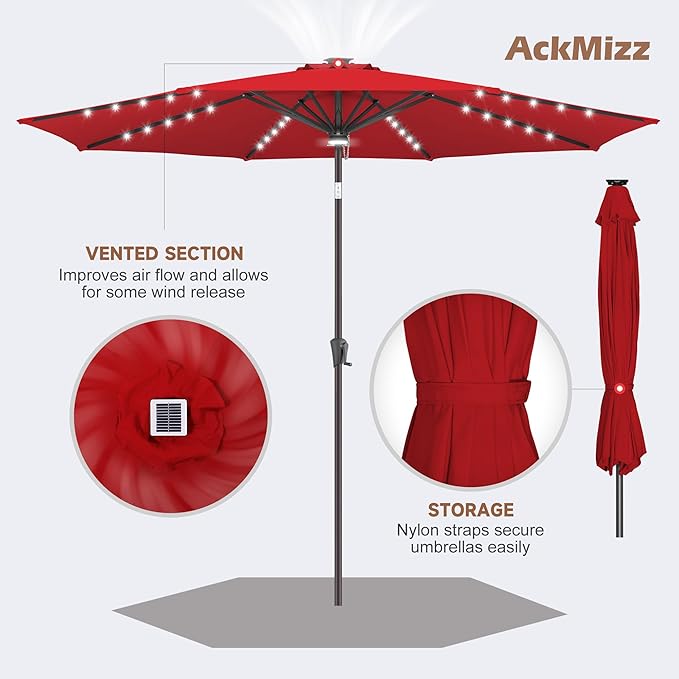 10ft Solar Umbrella Outdoor - Lighted Patio Umbrella with 40 LED Lights Waterprool Uv Protection, Table Umbrella with Tilt & Crank for Pool, Porch, Garden, Deck, Backyard(Red)