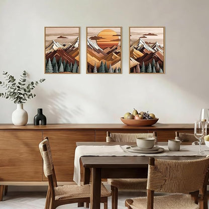 KAIRNE Woodcut Style Mountain Framed Canvas Wall Art Set,Wooden Pine Tree Wall Decor,Vintage Forest Landscape Art Prints,Nature Sunrise Artwork for Living Room,Bedroom,Farmhouse,Office-12 x16 x3