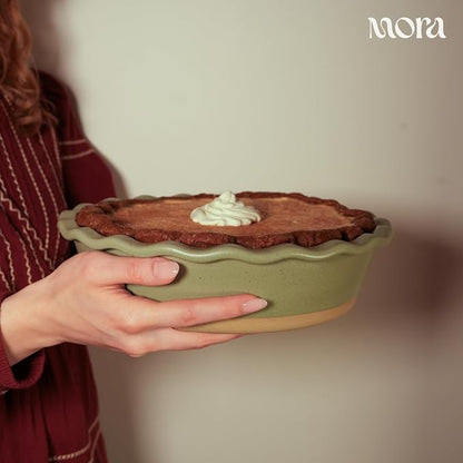 MORA Ceramic Pie Pan for Baking - 9 inch - Deep and Fluted Pie Dish for Old Fashion Apple Pie, Quiche, Pot Pies, Tart, etc - Modern Farmhouse Style Porcelain Ceramic Pie Plate - Thyme