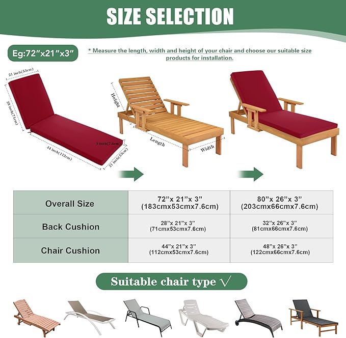 Chaise Lounge Cushions Outdoor Set of 4 - Waterproof and Fade Resistant Sun Lounger Replacement Cushions - Patio Lounger Pads with Removable Cover for Pool, Deck, Lawn, 80 x 26 x 3 Inch, Red