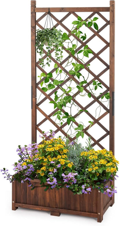 Outvita Wood Planter with Trellis, 29" x 17" x 67" Outdoor Raised Garden Bed with Drainage Holes, Vertical Standing Planter Box for Climbing Plants Vegetable in Garden, Patio, Balcony (Brown)