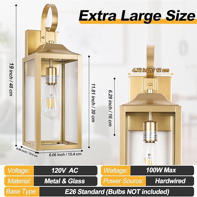 Large Outdoor Wall Lantern 19", Gold Outside Farmhouse Wall Sconce Light Fixture, Industrial Wall Mount Light with Glass, Waterproof Modern Porch Lighting Exterior Lamp for House Garage