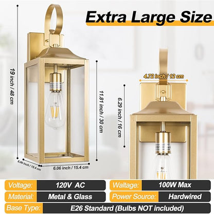 Large Outdoor Wall Lantern 19", Gold Outside Farmhouse Wall Sconce Light Fixture, Industrial Wall Mount Light with Glass, Waterproof Modern Porch Lighting Exterior Lamp for House Garage