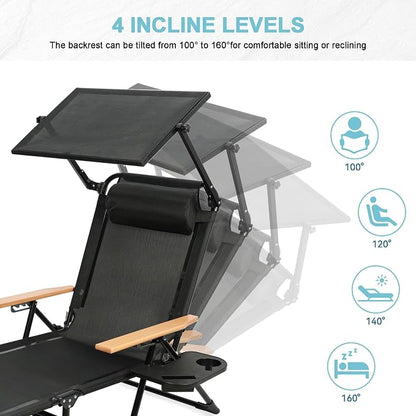 Outdoor Chaise Lounge Chair with 4-Position Adjustable Backrest,Patio Folding Sun Tanning Chair,Pillow & Cup Holder,Portable Recliner Sunbathing Lounger Chairs for Beach Garden (Black with Shade)
