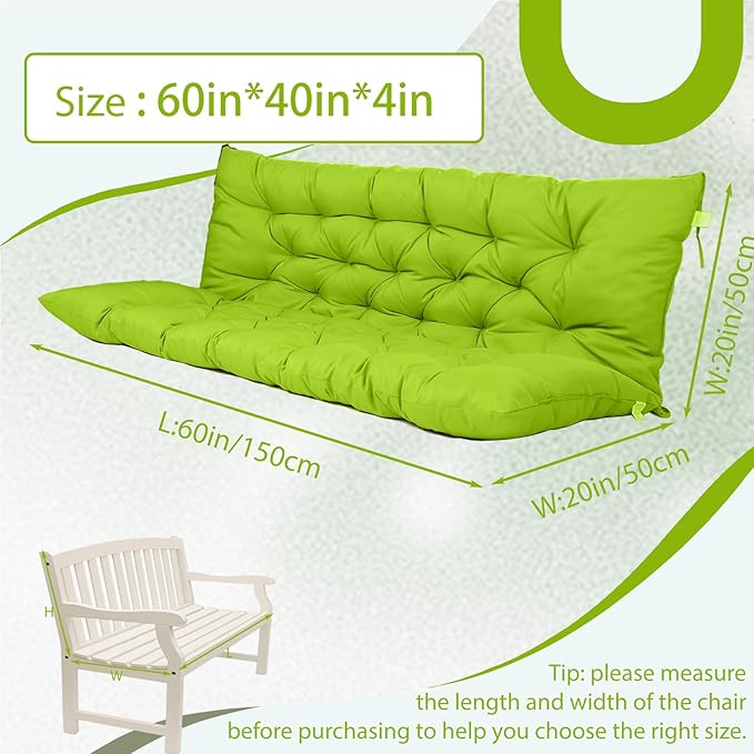 2/3 Seater Swing Replacement Cushion, Waterproof Porch Swing Cushions with Backrest, Thickened Bench Cushions for Outdoor Furniture, for Outdoor Patio Swing (Grass Green, 60 * 40 in)