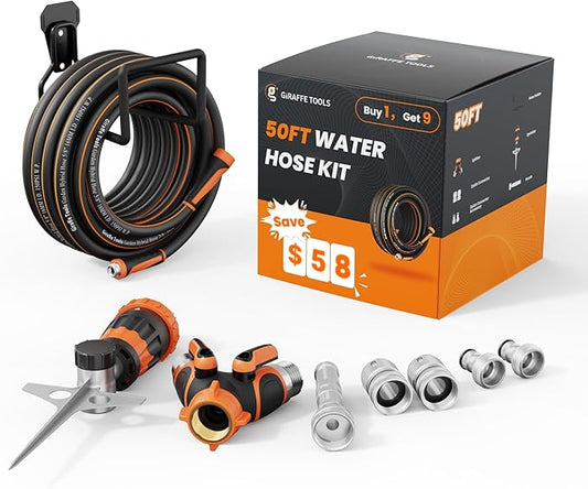 Giraffe Tools Garden Hose 5/8", Water Hose Heavy Duty, Flexible, Lightweight Hybrid Hose with Swivel Handle, with Hose Splitter, Nozzle and Yard Sprinkler, 50ft Male to Female Fittings, Burst 600 PSI