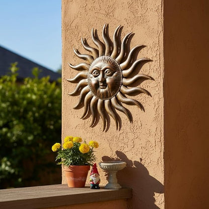 Comfy Hour 31" Sun Wall Decor, Large Metal Sun Wall Art for Outdoor Patio and Indoor Living Room, 3D Decorative Sunface Sculpture for Fence House and Yard, Artisan Crafted Iron Accent, Bronze Finish