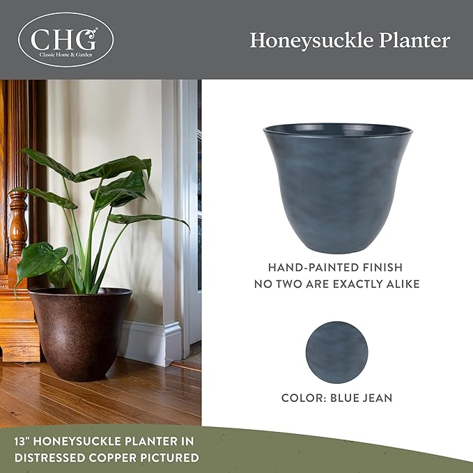 Classic Home and Garden Honeysuckle Resin Planters - Lightweight Indoor & Outdoor Plant Pots - UV-Resistant Plastic Flower Pots - Pot Planters for Flowers & Herbs (15" Blue Jean)