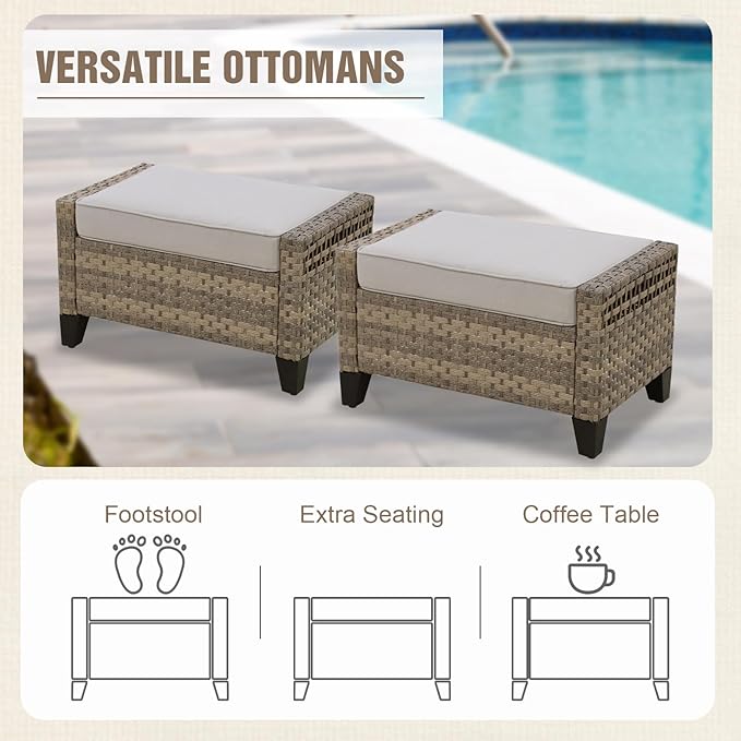 Modern Wicker Patio Furniture Set, Rattan Outdoor Conversation Set with Comfortable Cushions, 2 Patio Chairs, 2 Seat Loveseat, 2 Ottomans and Coffee Table, 6 Pieces, Brown/Gray