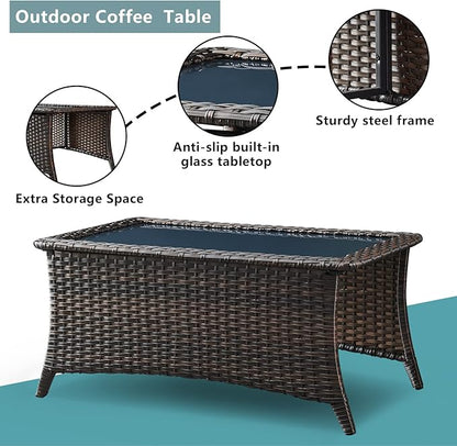 Rilyson Patio Tables Wicker Coffee Table - Outdoor Rattan Coffee Tables with Glass Top for Patio Proch Deck Balcony Rectangle Brown
