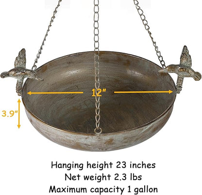 Hanging Bird Bath Feeder for Outdoor, 23" H Metal Birdbath with Cast Iron Bird Decor, Vintage Tray for Garden Yard Patio, Green