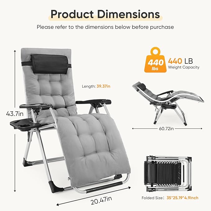 NEWBULIG Set of 2 Zero Gravity Chair, Folding Patio Recliner with Removable Cushion & Cup Holder Trays, Portable Lounge Chair for Beach & Camping, Classic Gray