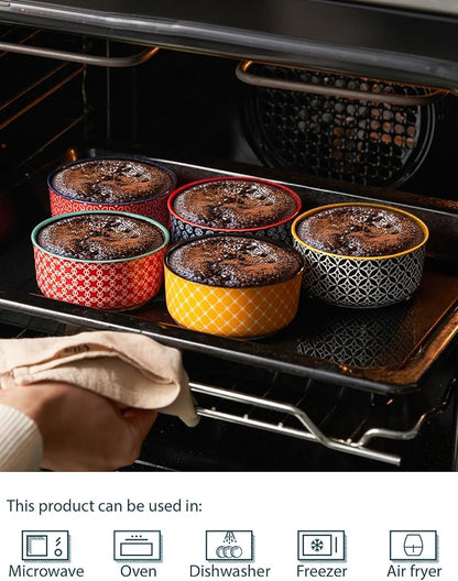 DOWAN 6 oz Ramekins with Lids Oven Safe for Creme Brulee Souffle, Ceramic Custard Cups for Baking, Small Bowls for Pudding Dip Ice Cream, Set of 6, Vibrant Colors