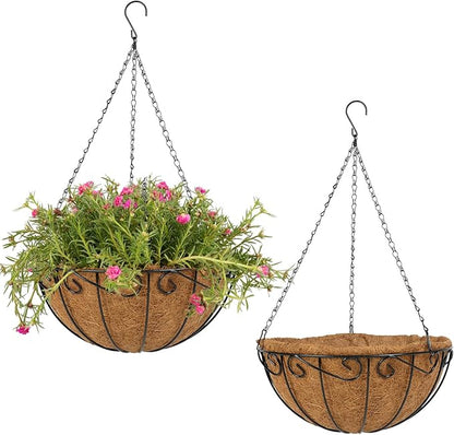 2 Pack 14 inch Metal Hanging Baskets for Plants Outdoor, Hanging Planters Basket with Coco Liners, Hanging Baskets Flower Pots for Garden, Patio, Deck, Porch Plants