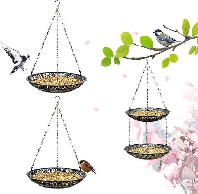 CQAIRIOU Premium Hanging Bird Feeder Tray(2 Set),Size 11.8” Large Platform Bird Feeder Metal Mesh Tray,Wild Bird Feeder for Outside Hanging Seed Platform,Combinable Style to Double Layer