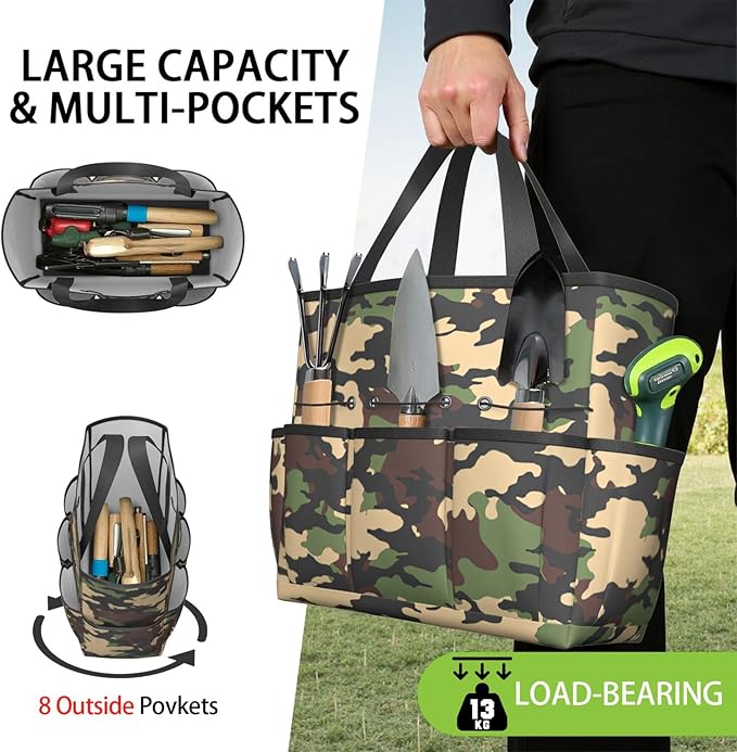 Green Camo Garden Tool Bag - Waterproof Garden Tote with 8 Pockets, Large Storage Home Organizer Gardening Tool Oxford Bag for Garden Tools Kits Holder, Ideal Outdoor Gardening Gift for Women & Men