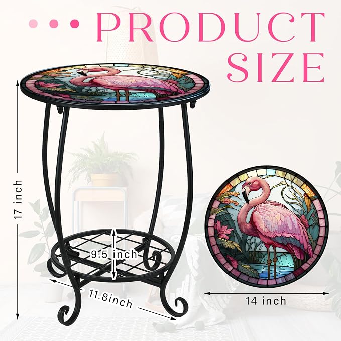 Cinnvoice Outdoor Side Table Round Small Mosaic Patio Accent Indoor End Plant Coffee Tea Table for Yard Patio Porch Garden Living Room, Bedroom(Flamingo Style,14 Inch)