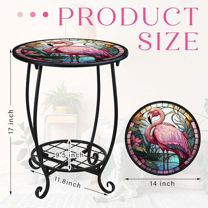 Cinnvoice Outdoor Side Table Round Small Mosaic Patio Accent Indoor End Plant Coffee Tea Table for Yard Patio Porch Garden Living Room, Bedroom(Flamingo Style,14 Inch)