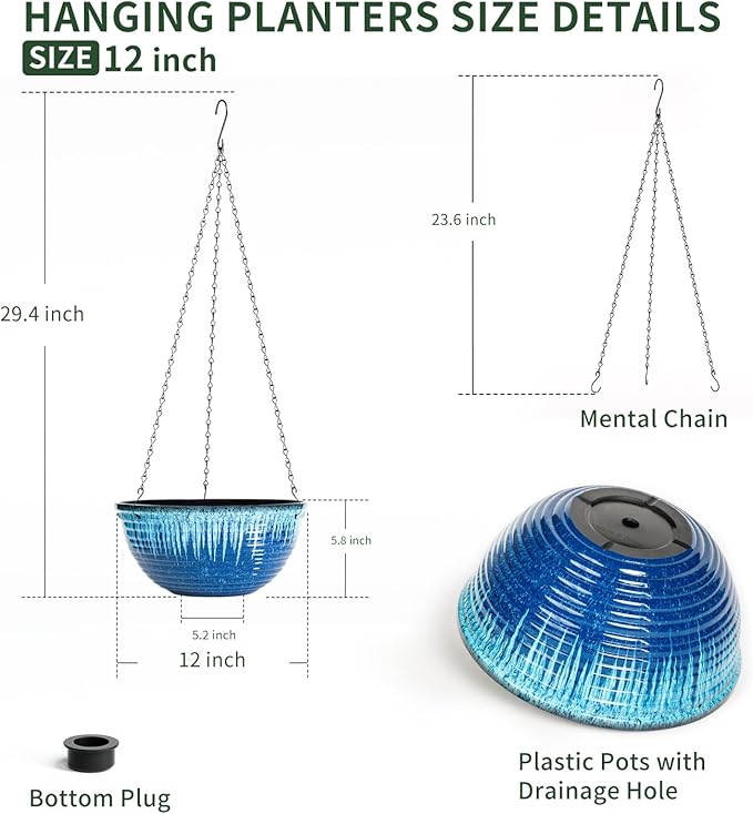 12 inch Large Hanging Planters for Indoor Outdoor Plants, Set of 2 Glazed Hanging Flower Pots with Drainage Hole, Hanging Baskets for Garden Home Porch Decor