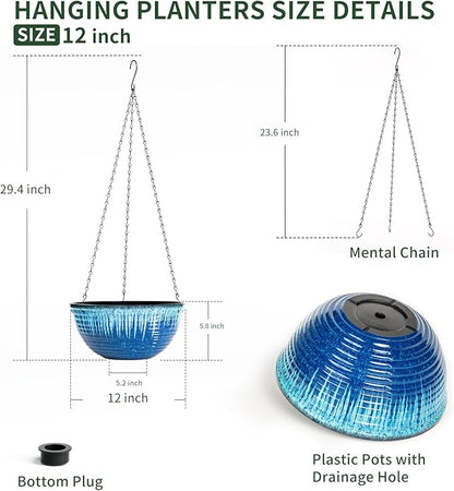 12 inch Large Hanging Planters for Indoor Outdoor Plants, Set of 2 Glazed Hanging Flower Pots with Drainage Hole, Hanging Baskets for Garden Home Porch Decor