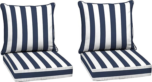 Arden Outdoor Deep Seat Cushion Set (2-Pack), 24 in x 24 in, Weather-Proof, Rain-Proof, Fade Resistant Patio Cushion for Chair, Sofa, and Couch Sapphire Blue Cabana Stripe