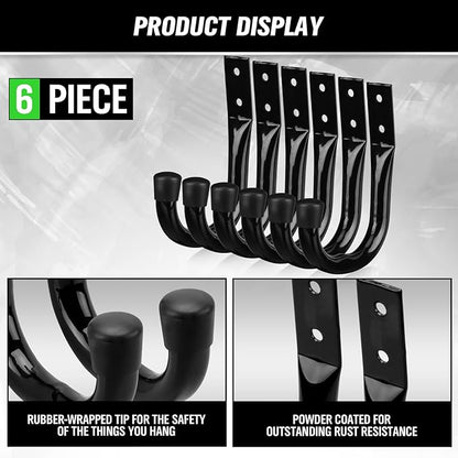 Heavy Duty Garage Storage Hooks, 6-piece Bike Hooks for Garage Wall, Utility Garage Hooks, Wall Mount J Hook for Hanging, Large Metal Storage Organizer Tool, Extension Cord Hanger