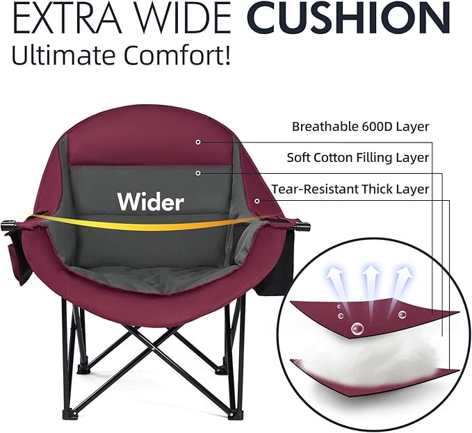 Oversized Camping Chair for Adults - Heavy Duty Padded Outdoor Folding Lawn XL Camp Chair with Cup Holder Cooler Pockets for Sports Beach Fishing Garden Portable Supports 500lbs, Red/Grey