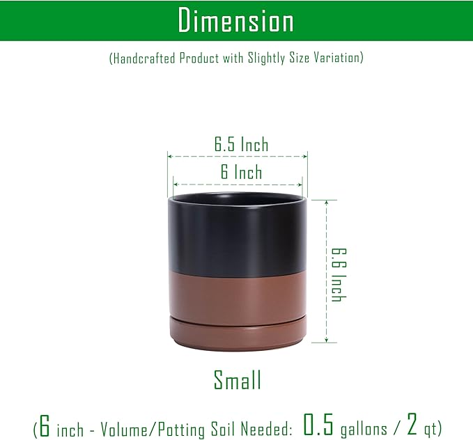 D'vine Dev Set of 2 Plants Pots, 6 Inch Ceramic Planter Pot for Plants with Drainage Hole and Saucer, Black/Speckled Tan, 94-V-C-7