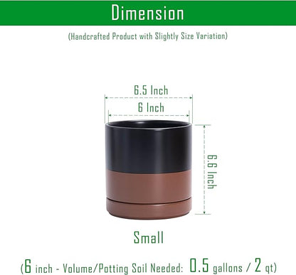 D'vine Dev Set of 2 Plants Pots, 6 Inch Ceramic Planter Pot for Plants with Drainage Hole and Saucer, Black/Speckled Tan, 94-V-C-7