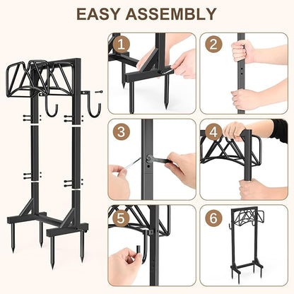 Garden Hose Holder Stand, Heavy Duty Freestanding Hose Holder Rack with 4 Spikes, Holds 150 ft, Outdoor Water Hose Holder for Yard Lawn Garden