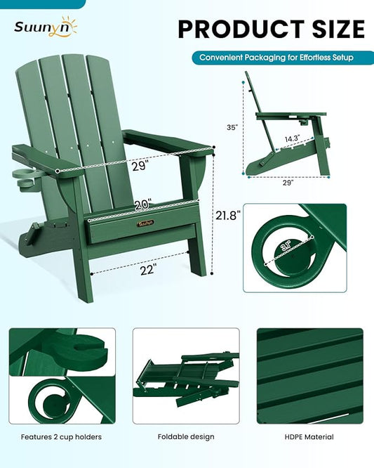 Folding Adirondack Chair 6 Pack, HDPE All-Weather Fire Pit Chairs, Plastic Adirondack Chairs with 2 Cup Holder, Outdoor Lawn Chair for Patio Garden (Green)