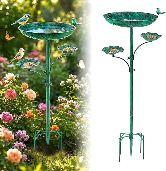 HUFAND Triple Bowl Bird Bath for Outside, 3-in-1 Bird Bath & Feeder with 4-Claw Ground Stake, 51in Height, 11.8in Large Top Bowl, Outdoor Birdbath for Garden Patio Yard Decor, Copper-Green