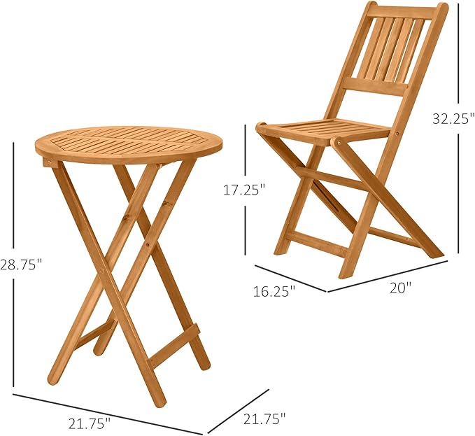 Outsunny 3-Piece Acacia Wood Bistro Set, Folding Patio Furniture with 2 Folding Chairs and Round Coffee Table, Teak, Slatted Finish, for Backyard, Balcony, Deck, Natural