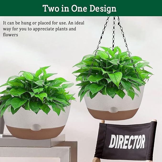 2 Pack Hanging Planters Set,10 Inch Indoor Outdoor Hanging Plant Pot Basket,Hanging Flower Pot with Drainage Hole with 3 Hooks for Garden Home(Purple Hanger White Planters)