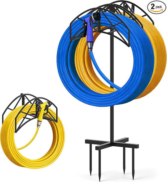 Garden Hose Holder Heavy Duty Water Hose Holder Holds 160 FT * 2 Hoses 4 Spikes Hose Reel Freestanding Hose Hanger Sturdy Hose Storage Stand with 90°Rotatable Hook for Outside Yard Lawn