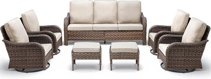 Patio Wicker Chairs Swivel Rocker Outdoor Rocking Chairs Set of 7 Rattan Furniture Set with Thick Cushion, Sofa, Ottomans for Balcony Deck Backyard, Beige