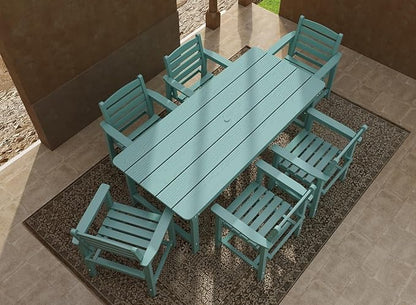 7-Piece Light Blue HDPE Patio Table and Chairs Set, Weather Resistant Outdoor HDPE Dining Table Sets with Umbrella Hole for Lawn, Garden, Deck, Poolside, Balcony