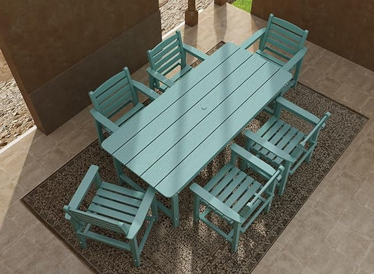 7-Piece Light Blue HDPE Patio Table and Chairs Set, Weather Resistant Outdoor HDPE Dining Table Sets with Umbrella Hole for Lawn, Garden, Deck, Poolside, Balcony